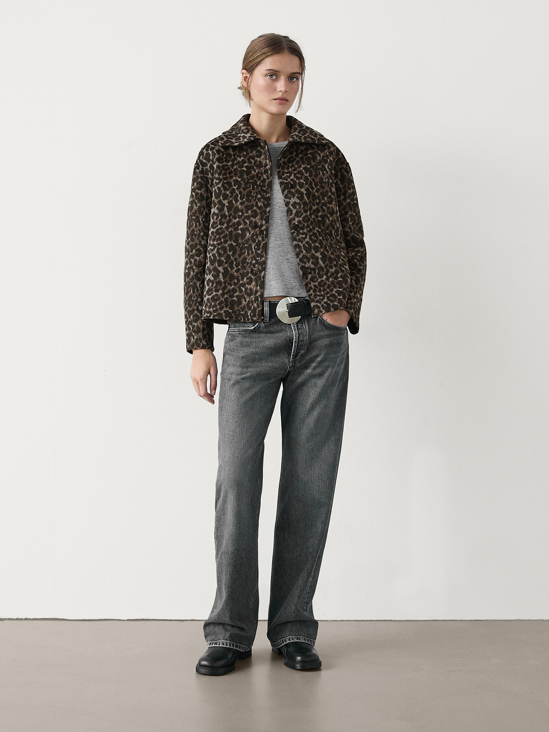 Cappotto Corto Con Stampa Animalier In Misto Lana - Marrone - Xs - Massimo Dutti - Femminile