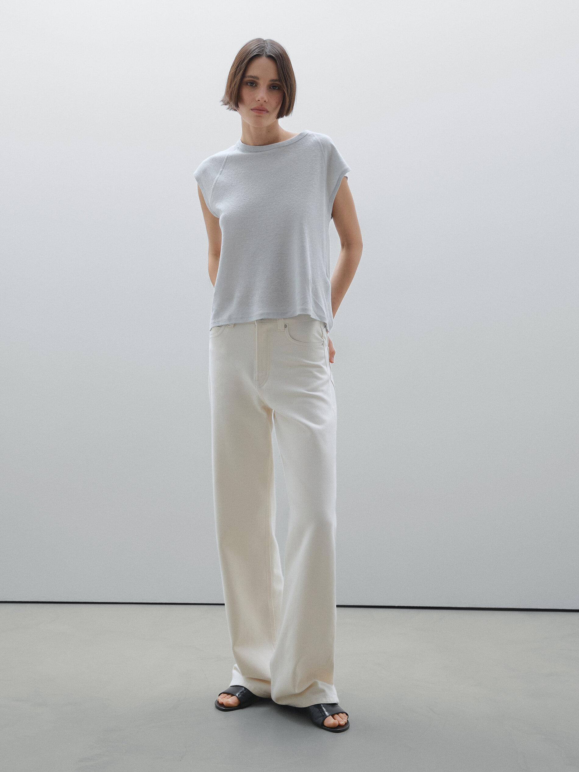 Maglietta Leggera A Coste 100% Lino - Celeste - M - Massimo Dutti - Femminile