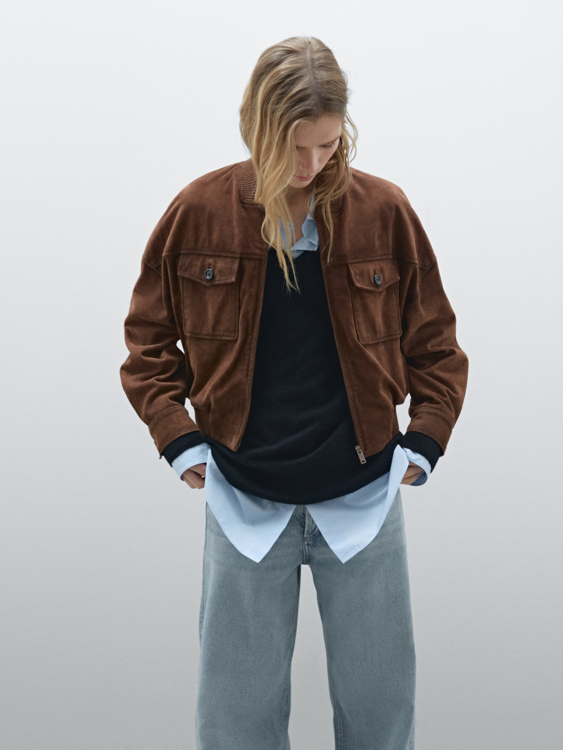 Giacca Bomber Con Tasche In Pelle Scamosciata - Marrone - S - Massimo Dutti - Femminile