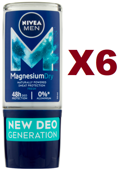 6 PZ NIVEA MEN DEO MAGNESIUM DRY FRESH ROLL-ON UOMO 50ml 48H DEO PROTECTION
