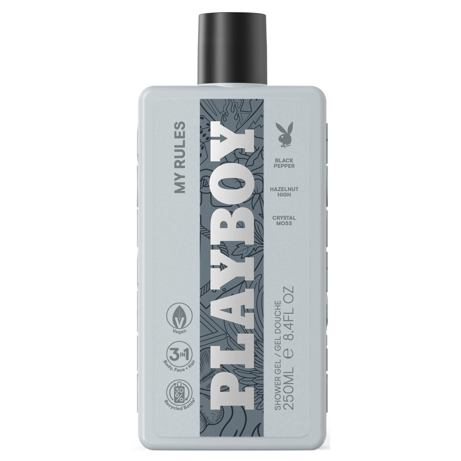 PLAYBOY SHOWER GEL UOMO MY RULES 250ML PROFUMO RIBELLE FRAGRANZA LEGNOSA