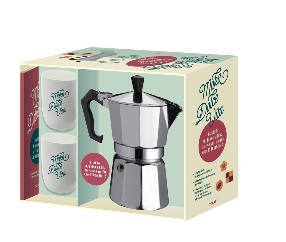 Moka Dolce Vita: Kit con 1 caffettiera italiana 2 tazze in ceramica 1 ricettario