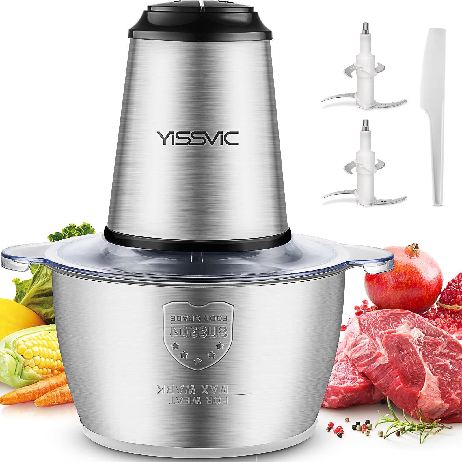 YISSVIC Tritatutto da Cucina Elettrico 2L, 2×4 Lame 500W Tritatutto Elettrico Fr