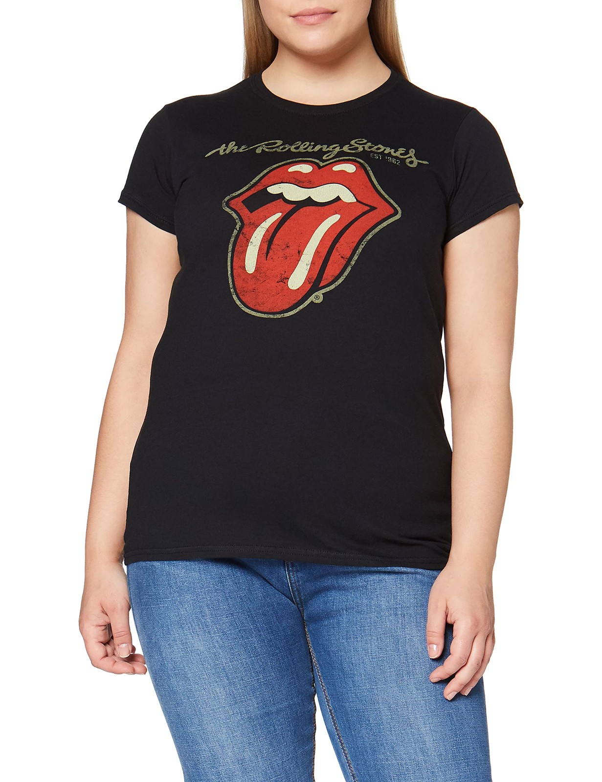 The Rolling Stones Women's Plastered Tongue Short Sleeve T-Shirt 12 Black