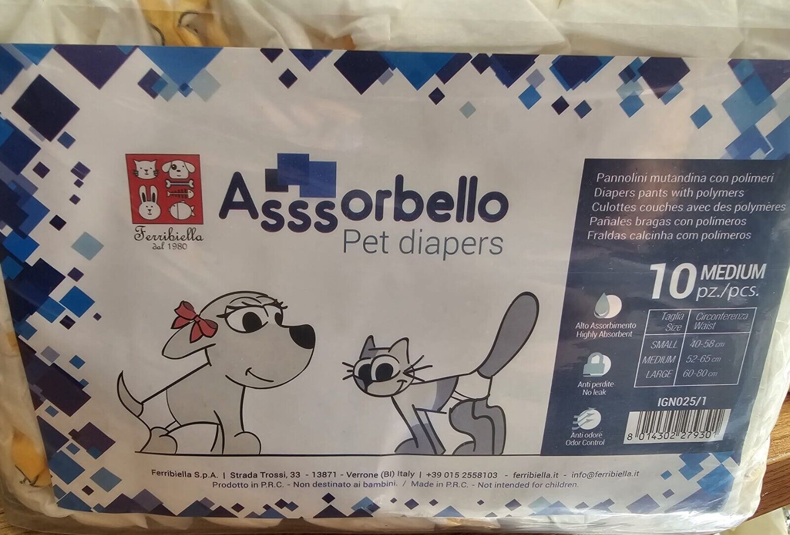 Pannolini mutandina igienici per cani e gatti con polimeri 10 pz taglia M