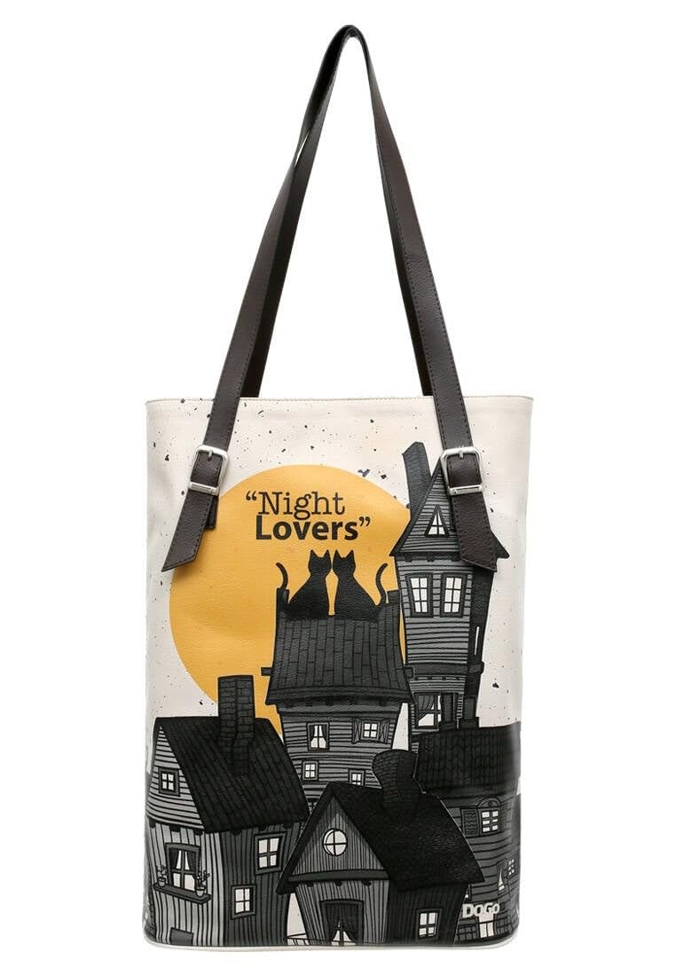 DOGO Femme Cuir Vegan Noir Sac d'épaule - Night Lovers Motif (E1b)