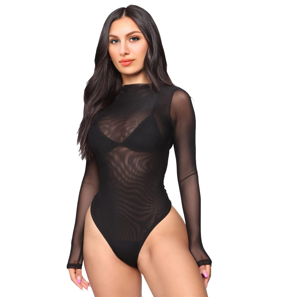 SamHeng Body da Donna Sottogiacca Trasparente Manica Lunga Elegante Collo (k8s)