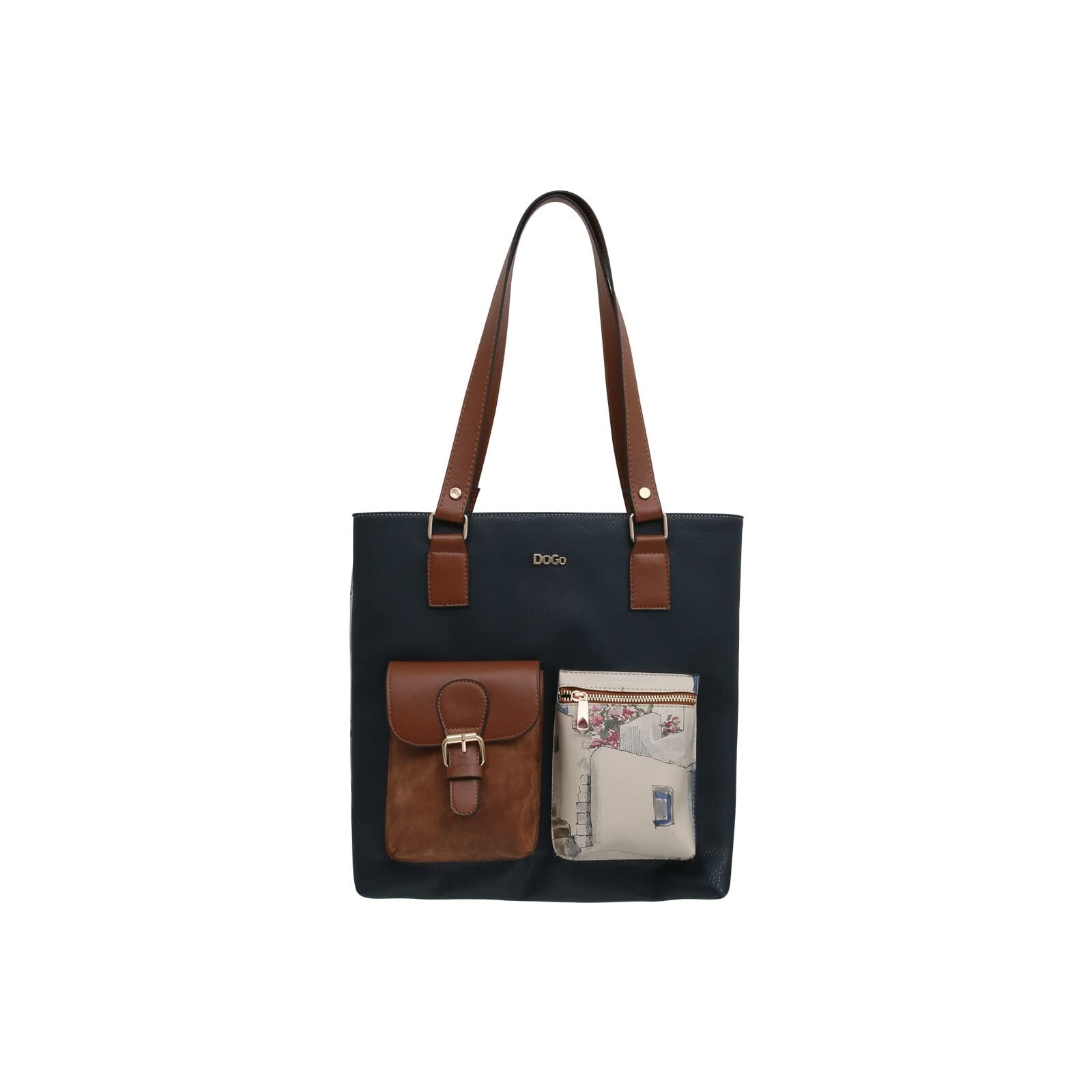 DOGO Femme Cuir Vegan Bleu Foncé Sac d'épaule - Paperflower Motif (B7K)
