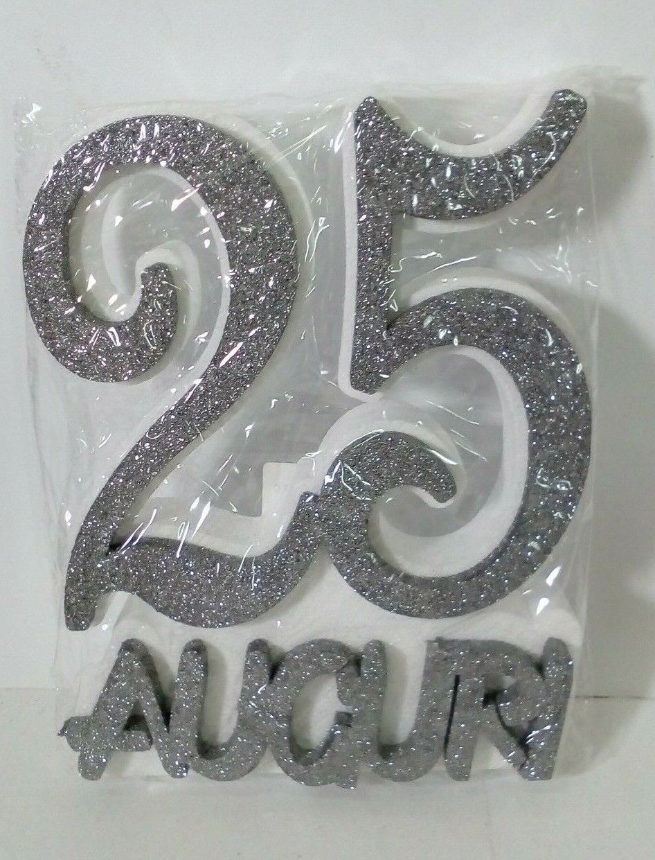 SCRITTA POLISTIROLO 25ANNI AUGURI ARGENTO GLITTER 28X22 DECORAZIONE FESTA PARTY