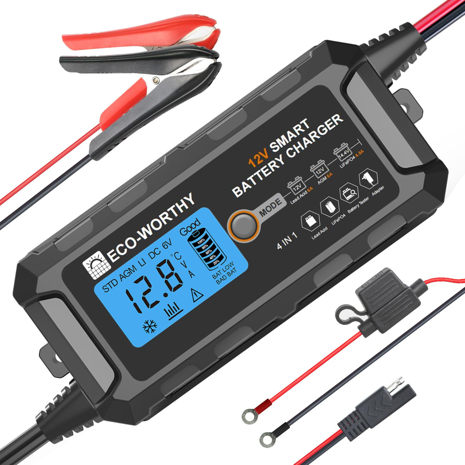 ECO-WORTHY LiFePO4 - Caricabatterie da auto da 5 A, 12 V, con attivazione (e5U)