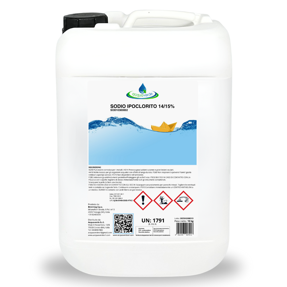 acquaverde IPOCLORITO di SODIO CLORO LIQUIDO 14/15% per ACQUA PISCINA 10 Litri