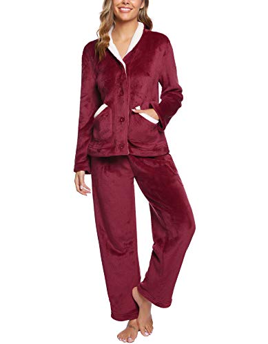 Iclosam Pigiama Donna Invernale Flanella Pigiama Felpato Donna Caldo Pigiama Donna Lungo Con Scollo A V Pigiami Due Pezzi Da Donna Lungo Con Bottoni M