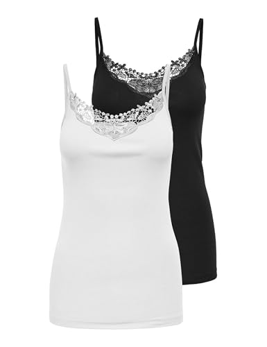 Only Kira Lace Singlet 2 Pack Canottiera Donna, Nero (Black/White), 40