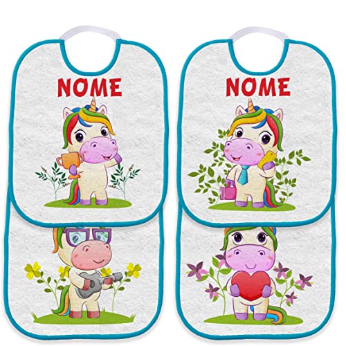 Csm Informatica Set 4 Bavetta Bavaglino Con Elastico Asilo Personalizzabile Con Nome Unicorno Azzurro Spugna Qualita' Certificata Oeko-Tex Standard 10