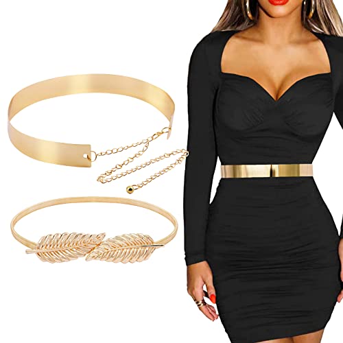 Betessin 2Pz Cintura Donna Metallo Elegante Oro Cintura Donna Sottile + Cintura Foglie Oro Fusciacca Donna Metallo Cintura Per Vestito Donna Metallo D