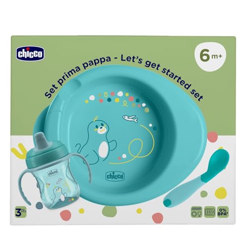Chicco Set Pappa Composto Da Tazza Training Cup, Primo Cucchiaio, Piatto Pappa Calda, Età 6 Mesi +, 0% Bpa, Azzurro