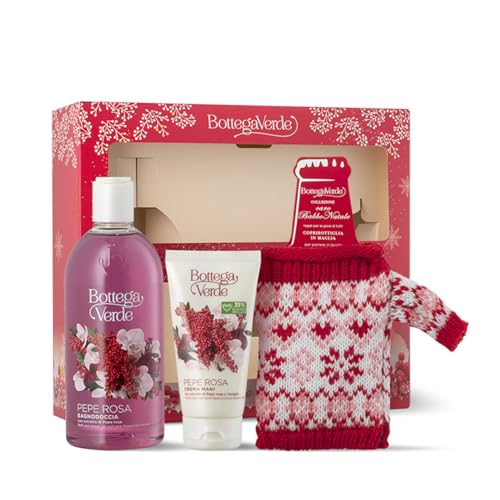 Bottega Verde - Pepe Rosa, Confezione Regalo Con Bagnodoccia Alla Fragranza Di Pepe Rosa 400 Ml, Crema Mani 75 Ml E Copribottiglia In Maglia, In Un El