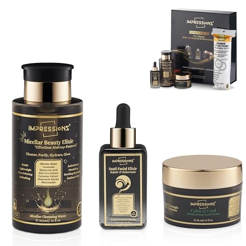Impressionz 3-Step Skincare Set: Micellar Water, Snail Mucin Serum, Hydrating Moisturizer - Restores Skin After Makeup, Night Routine For Radiant, Age