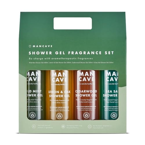 Mancave Set Regalo Uomo Con 4 Bagnoschiuma Uomo, Kit Con 4 Gel Doccia Naturali Senza Solfati Da 500 Ml, Menta Selvatica, Limone E Quercia, Legno Di Ce