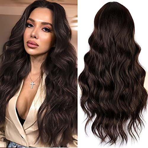 Porsmeer Parrucche Donna Lunghe Ricci Parrucche Sintetiche Parrucche Di Capelli Marrone Scuro Con Cuffia Parrucca Per Donne Bianche