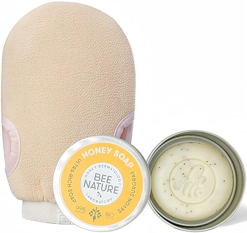 Bee Nature - Guanto Esfoliante & Sapone Bio Esfoliante Con Portasapone -Rimuovere I Peli Incarniti - Idratante E Ammorbidente - Viso E Corpo -100G