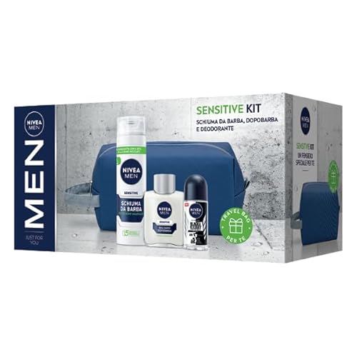 Nivea Men Sensitive Kit Cofanetto Regalo Uomo, Confezione Con Schiuma Da Barba 200Ml, Balsamo Dopobarba 100Ml, Deodorante Black & White 50Ml E Travel