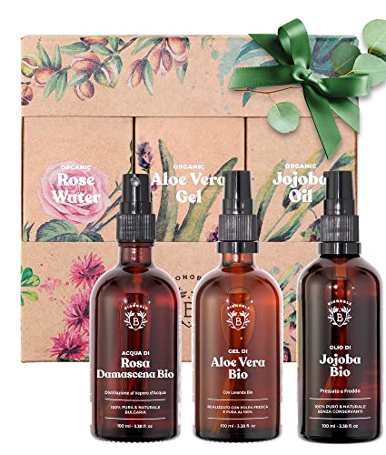 Bionoble Skincare Kit 3X100Ml - Acqua Di Rose, Gel Aloe Vera Puro & Olio Di Jojoba Bio - Cura Del Viso, Del Corpo E Dei Capelli - Regalo Donna Complea