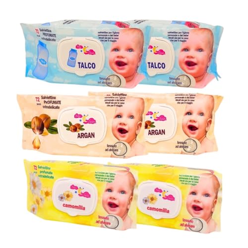 Salviette Neonato Igienizzanti Umidificate Per Igiene Personale E Per Bambino - Talco Argan Camomilla - 432 Salviette Extradelicate Struccanti Con Tes