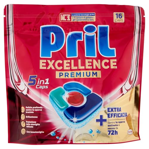 Pril Excellence Premium 5In1 Caps Lavastoviglie (16 Caps), Detersivo Lavastoviglie Contro Lo Sporco Ostinato E Secco Da 72H, Pastiglie Lavastoviglie E