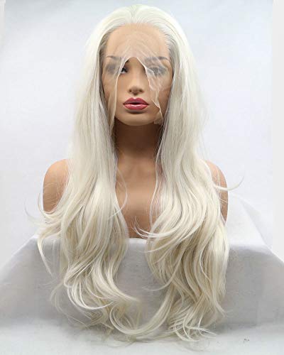 Natural Hairline White Blonde Color Synthetic Lace Front Wigs For Women Cosplay Holidays Festival Drag Queen Wig Body Wave Long Hair 26"
