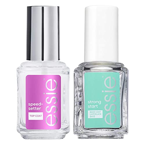 Essie Smalto Base Coat Indurente Strong Start Con Biotina Colore Trasparente + Essie Smalto Top Coat Asciugatura Rapida Finish Brillante Colore Traspa