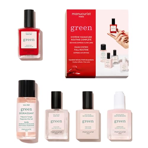 Manucurist Sistema Green Rosso Poppy Red - Kit Smalto Resistente Senza Lampada : 1 Sgrassante, 1 Base Coat, 1 Smalto Unghie, 1 Top Coat, Gocce Asciuga