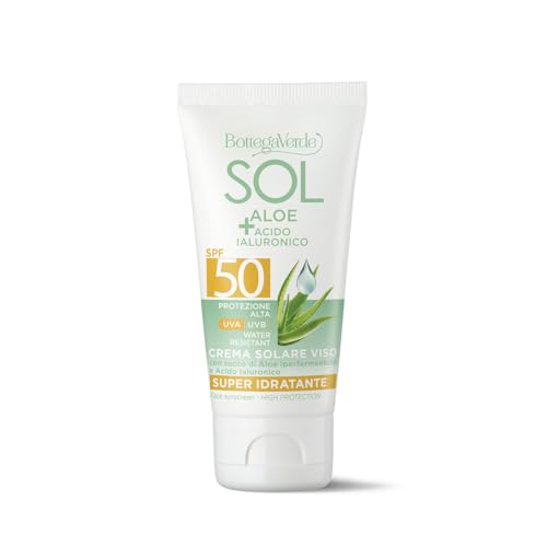 Bottega Verde - Sol Aloe E Acido Ialuronico, Crema Solare Viso, 50 Ml, Spf 50, Idratante, Arricchita Con Succo Di Aloe Iperfermentato E Acido Ialuroni