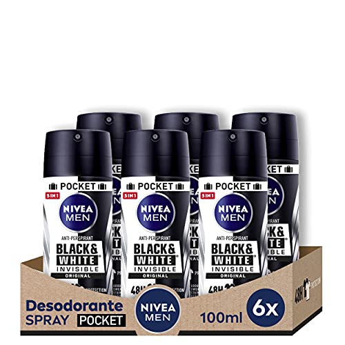 Nivea Men Black & White Invisible Spray Pocket In Confezione Da 6 (6 X 100 Ml), Deodorante Antimacchia Con Protezione 48 H, Deodorante Antitraspirante