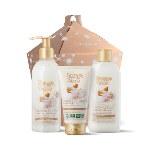 Bottega Verde - Mandorle Dolci, Confezione Regalo Con Crema Mani Idratante 75 Ml, Latte Detergente 200 Ml E Lavamani Addolcente 250 Ml, In Un Elegante