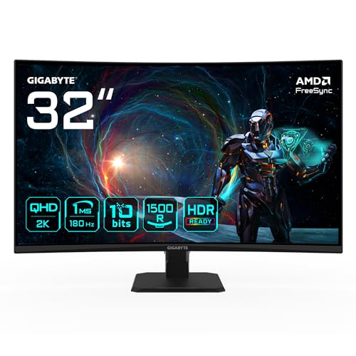 Gigabyte Gs32Qca 31,5" Monitor Gaming Curvo Qhd - 2560 X 1440, 180Hz, 1Ms, 250 Cd/M², Freesync, Hdr Ready, Hdmi 2.0, Displayport 1.4