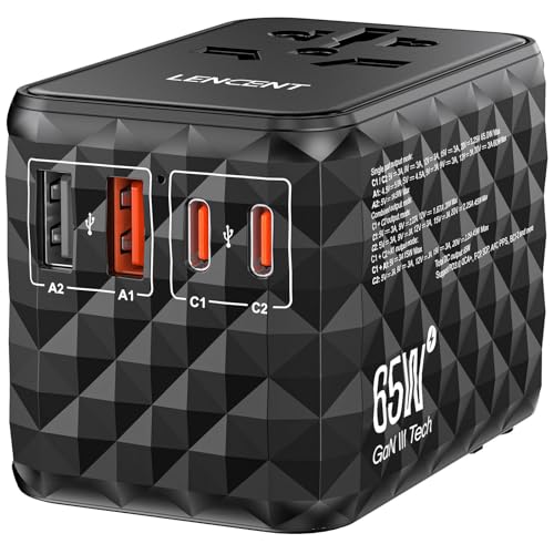 Lencent 65W Adattatore Universale Da Viaggio, Adattatore Presa Con 2 Usb-A & 3 Usb-C, Caricatore Alimentazione Rapida Per Telefono Cellulare, Laptop,