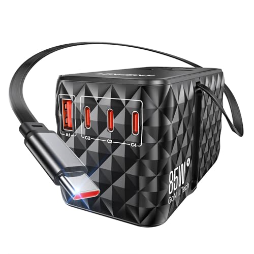 Lencent 85W Adattatore Universale Da Viaggio Con Cavo Usb C Retrattile, Gan Presa Internazionale Con 1 Usb-A E 3 Usb-C Ricarica Rapida, Adattatore Spi