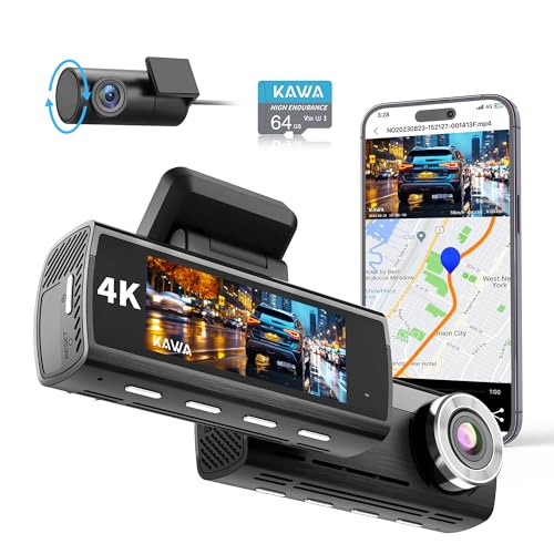 Kawa 4K Dashcam Frontale E Posteriore, Scheda 64Gb Gratis, Telecamera Wifi 2160P Per Auto Con Sony Starvis Imx415, Gps Integrato Dual Dashcam, Schermo