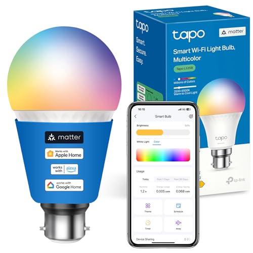 Tapo Lampadina Intelligente B22 Matter, Monitoraggio Energetico, Sincronizzazione Musicale Avanzata, 1055 Lm, 8,6 W, Dimmerabile, Lampadina Alexa Sint