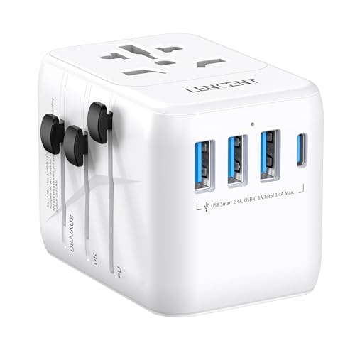 Lencent Adattatore Universale Da Viaggio, Adattatore Spina Usa Eu Uk Aus, Caricatore Internazionale Con 3 Usb E 1 Usb-C Per Cellulari Laptop, Tutto In