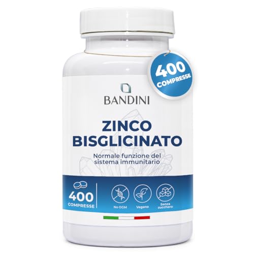 Bandini® Zinco Bisglicinato 400 Compresse (Scorta 13 Mesi), Integratore Vegano Ad Alto Dosaggio, Zinco Puro Per Pelle, Capelli, Unghie, Vista E Sistem