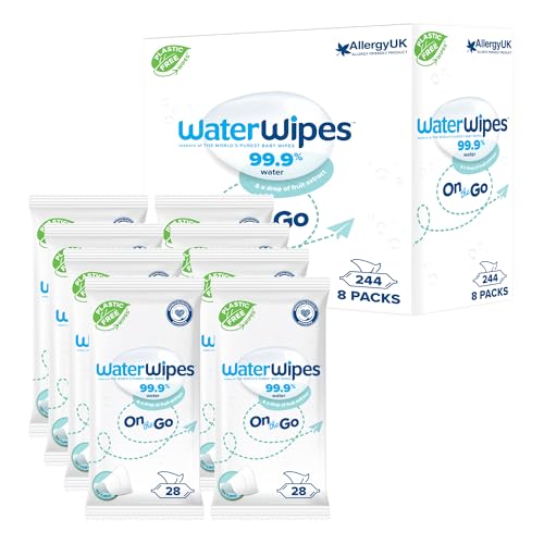 Waterwipes On The Go, 244 Salviette (8 Confezioni), Salviette Umidificate Al 99% A Base Di Acqua, Ideali Per Viaggi, Progettate Per Viso E Corpo