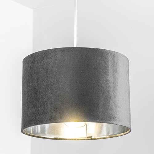 Cgc Lighting Paralume Per Lampada Da Soffitto, Materiale In Velluto, Tamburo, Rotondo, Con Interno Riflettente (Grigio)