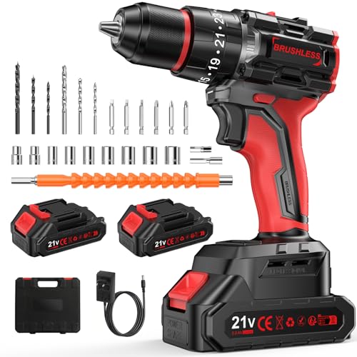 Brushless Trapano Avvitatore Batteria 21V, Avvitatore A Batteria Senza Spazzole, Trapano A Batteria Trapano Avvitatore A Percussione Con 2 Batterie Da