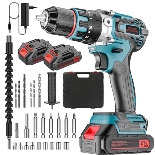 Avvitatore Elettrico Brushless Trapano Avvitatore Batteria 21V, Trapano Avvitatore A Percussione Con 2×2,0Ah Batteries, Trapano Percussione Batteria,