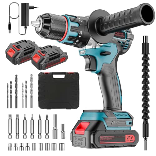 Brushless Trapano Avvitatore Batteria 21V, Trapano Avvitatore A Percussione Con 2×2,0Ah Batteries, Trapano Percussione Batteria, 20+3 Coppia, Luce A L