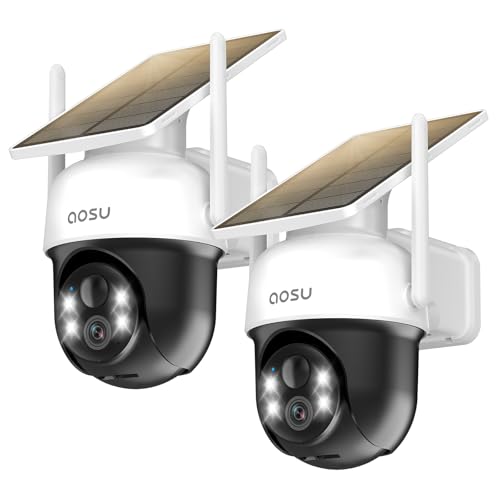 Aosu 2 Confezioni Telecamera Wi-Fi Esterno Senza Fili Batteria Telecamera Di Sicurezza Esterna, Pannello Solare Fisso, 3Mp 2K Hd, 360 Gradi Ptz, Visio
