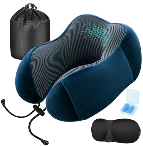 Masmas Cuscino Da Viaggio In Memory Foam Viscoelastico, Comodo Per La Cervicale, Ortopedico, Supporto Per La Nuca, Per Viaggi Auto, Aereo Autobus (Kit