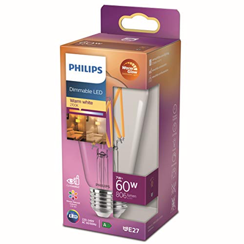 Philips Lampadina Led Edison Filamento, Equivalente A 60W, Attacco E27, Luce Bianca Calda, Dimmerabile